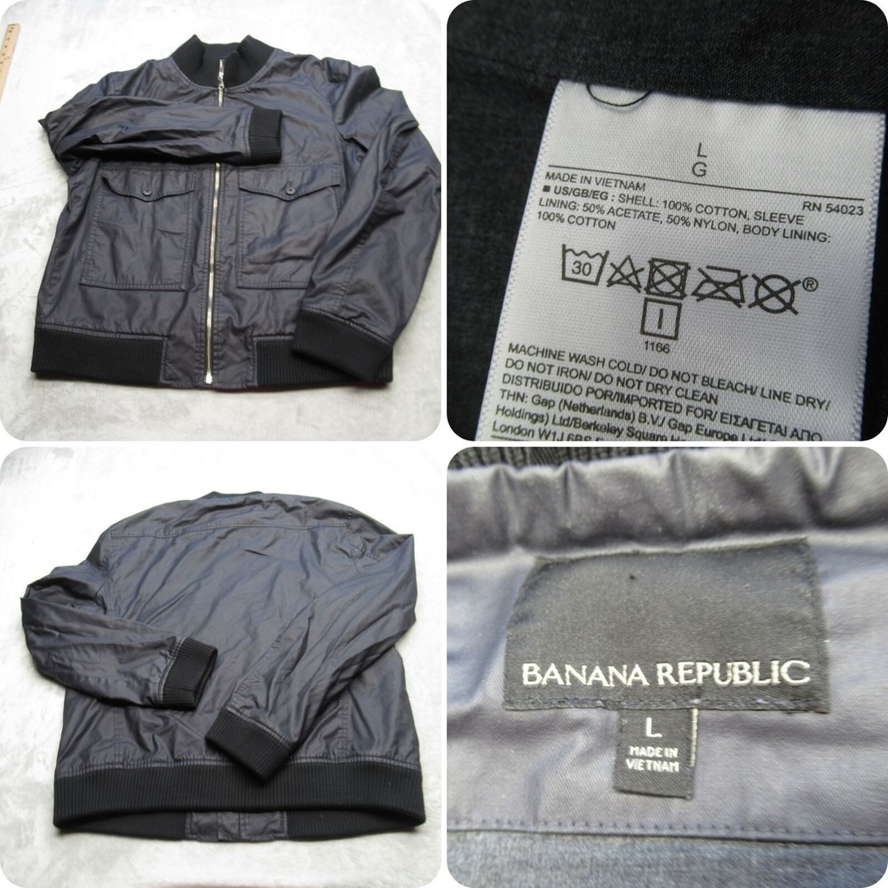 Banana Republic Jacket Men Large Black Cotton Pockets Full Zip Bomber Casual